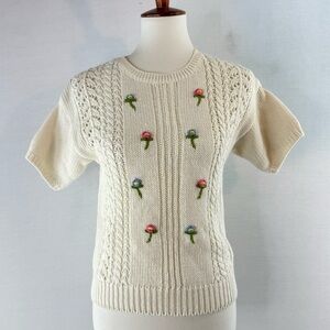 RUSS Petites Vintage Cream Cable Knit Short Sleeve Floral Embroidery Sweater